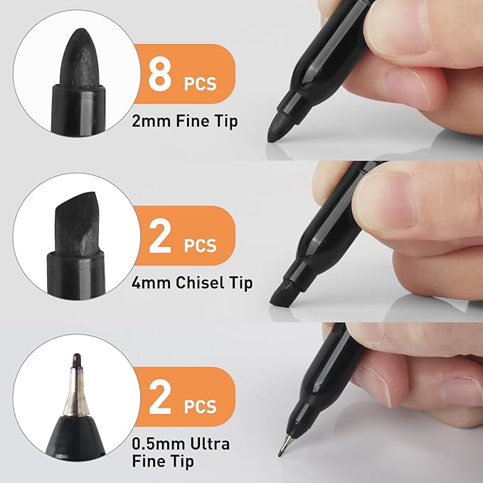 12 Black Permanent Markers with Bag - Waterproof Quick Drying Pens Set 8 Fine Tip, 2 Ultra Fine, 2 Chisel Tip Office Home School Supplies for Adults Writing Doodling Marking-DeskLoop Office