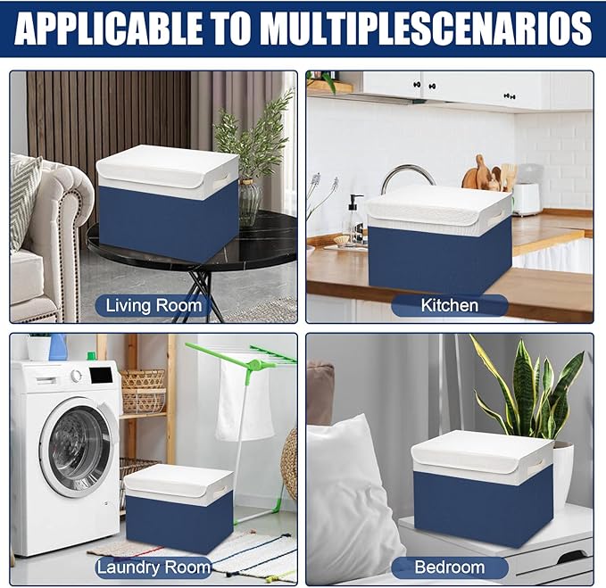 Large 17" 42 Quarts Collapsible Stackable Storage Bins with Lids [3-Pack] Foldable Fabric Linen Storage Boxes Cube, Closet Organizer Baskets with Label for Home (16.7 x 12 x 12", Navy Blue & White)-DeskLoop Office