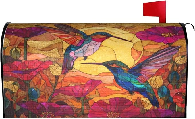 Stained Glass Hummingbird Welcome Magnetic Mailbox Cover, Flowers Mailbox Wrap by Ouqiuwa