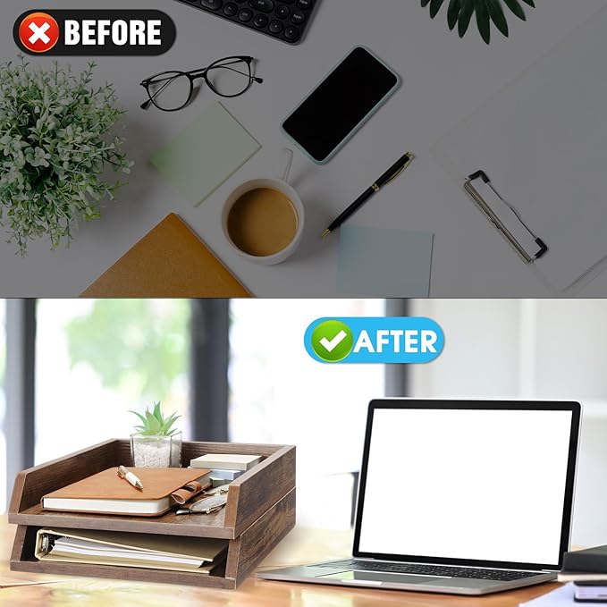 DoubleFill 2 Pcs Wooden Letter Trays 2 Tier Desktop Paper Organizer Wood - Image 5