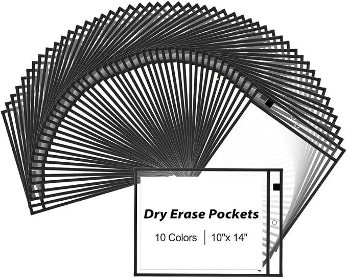 30 Packs Dry Erase Pocket Sleeves, Reusable Clear Plastic Classroom Pocket by EEHZTSIOFFICE
