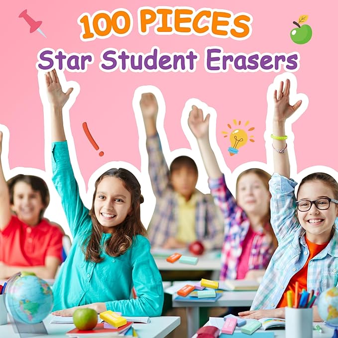 100 Pcs Star Student Erasers Bulk for Kids Back to School Pencil Erasers Fun Inspirational School Supplies for Students Classroom Office Teacher Award Gifts-DeskLoop Office