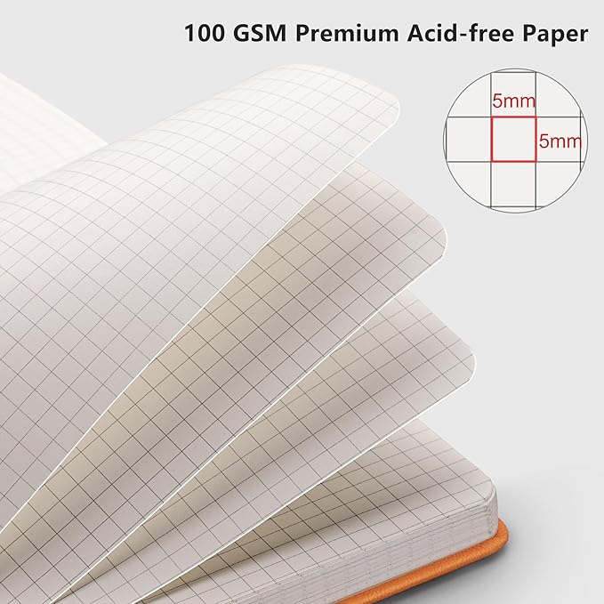 RETTACY Graph Grid Paper Notebook, 192 Pages, A5 Medium Size (5.7'' x 8.3''), 5 Squares per Inch, Leather Hardcover, 100 GSM Thick Paper, for School, Students, Math, Engineering (Orange)-DeskLoop Office