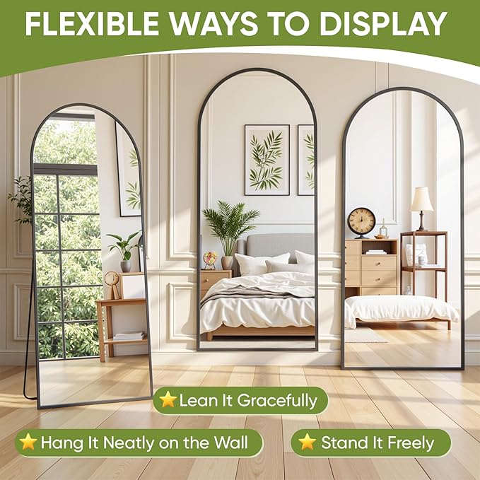 Full-Length Floor Mirror with Stand, 81"x41" Arched Style Full Body Standing Mirror for Bedroom, Living Room, Gym, Dorm - Shatter-Resistant & Easy Assembly, Black-DeskLoop Office