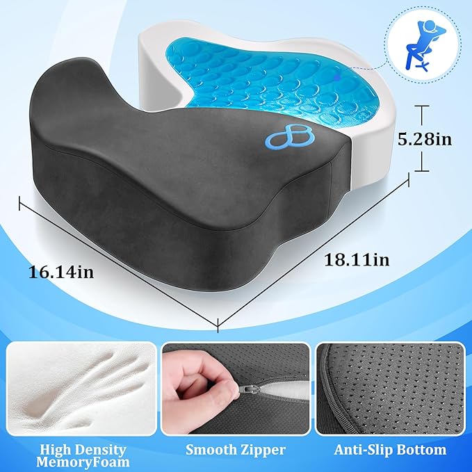 Seat Cushion, Gel Chair Cushions, Office Chair Cushions, Anti-Slip Bottom & Removable Cover Tailbone Pain Relief Cushion, Memory Foam Seat Cushion, 5.28 in Thick (Grey)-DeskLoop Office