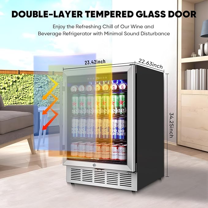 24" Beverage Refrigerator & Cooler, 180 Cans Under Counter Fridge with Lock, Glass Door & Powerful Cooling Compressor - Quiet, Built-in/Freestanding Drink Fridge-DeskLoop Office