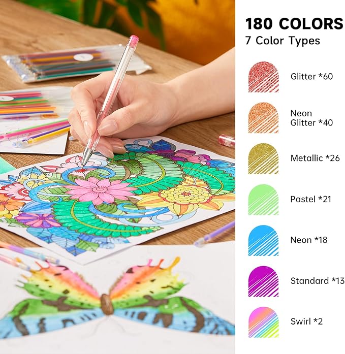 Gel Pen Refills, Shuttle Art 180 Colors (No Duplicates) Gel Pen Refills, 7 Color Types for Kids Adults Coloring Books Drawing Doodling Crafts Scrapbooking Journaling-DeskLoop Office