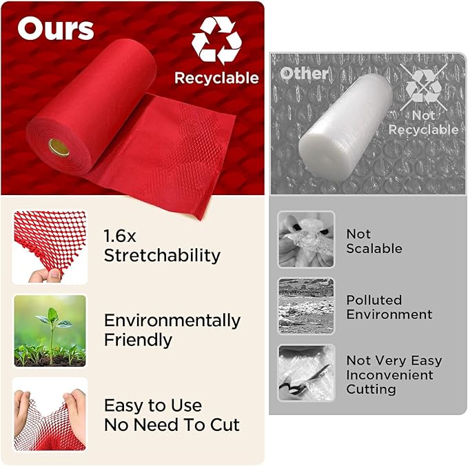 Honeycomb Packing Paper, 12"x400' Red | Perforated Honeycomb Packing Paper Recyclable Moving Supplies for Shipping & Moving | Plastic-Free Alternative to Bubble Cushion Wrap with 36 Fragile Stickers
