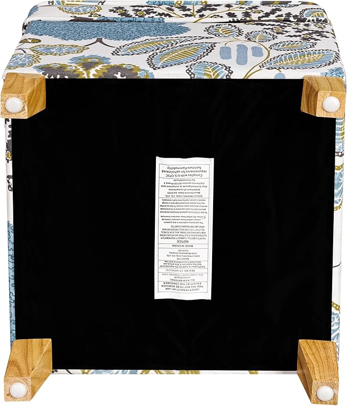 Adeco 18 Inch High Cube Ottoman Storage, Linen Chair Foot Stools, Upholstered Vanity Stool with Hinged Lid, Solid Wood Legs (Blue Leaves)-DeskLoop Office