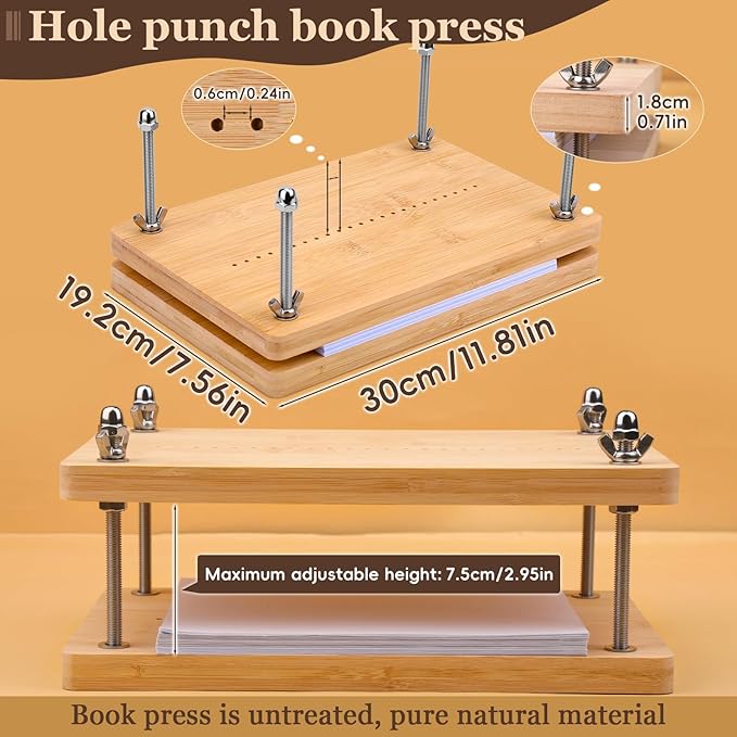 JUPEAN Bookbinding Kit, Book Making Kit, Bookbinding Punching Guide Set, 11.6”x7.9” Hole Punching Book Press Books Binding Materials with Bone Folder Awl Binding Strap for Craft DIY-DeskLoop Office