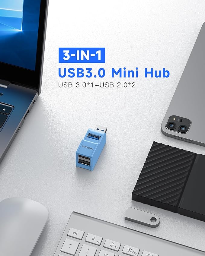 3 Ports USB 3.0 Adapter, USB Hub with 1 USB 3.0 and 2 USB 2.0 Port, Portable USB Port Splitter for Keyborad, Mobile Hard Disk, U Disk, Camera, Mouse,etc (Blue)-DeskLoop Office