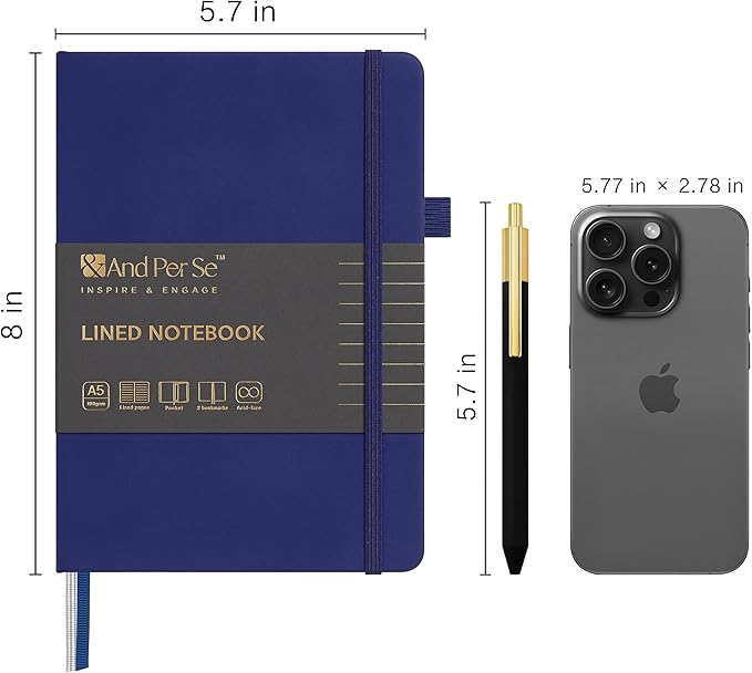 A5 Lined Leather Journal and Pen Set, Hardcover Notebook with Pen, 160 Pages 100gsm Thick Ruled Paper for for Women Men Work Business School or Home Writing, 5.7'' x 8'' (Royal Blue)-DeskLoop Office