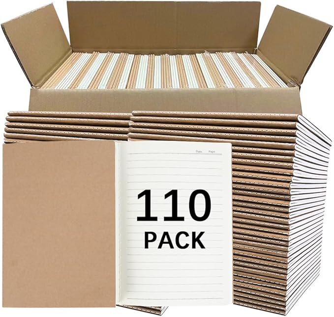 110 Pack A5 Composition Notebooks Bulk, Kraft Cover Lined Paper Journal for Traveler, Notes, Memo, Bulk Journals Notebook Sewn Brown College Ruled, 60 Pages, 8.3 x 5.5 Inch-DeskLoop Office