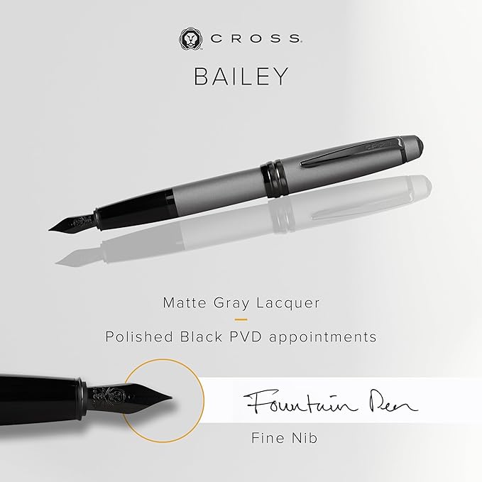 Cross Bailey Refillable Fountain Presented in a Premium Gift Box - Medium Point, Black Ink, Matte Gray-DeskLoop Office