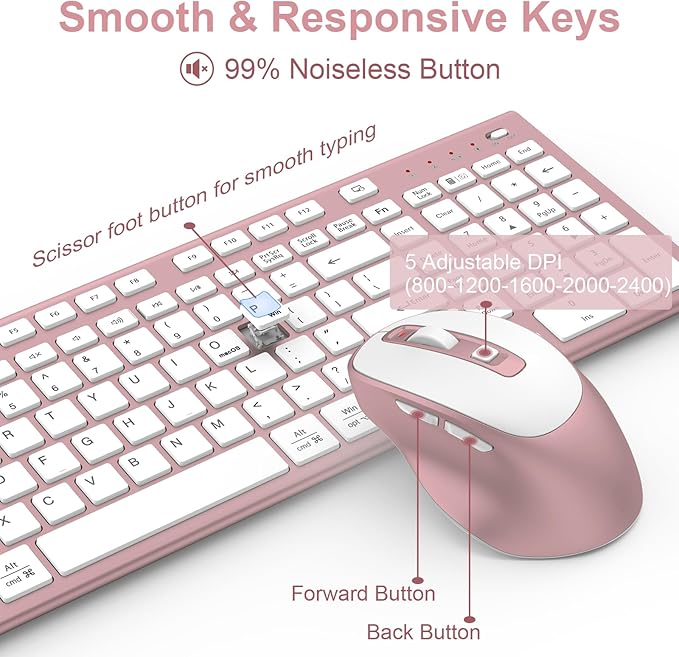 FENIFOX Wireless Keyboard and Mouse, Ergonomic Rechargeable Silent Quiet Slim Compact Full-Size USB C with Number Pad Flat Soft Cover for PC Computer Laptop Mac MacBook iMac Windows - Pink Rose Gold-DeskLoop Office