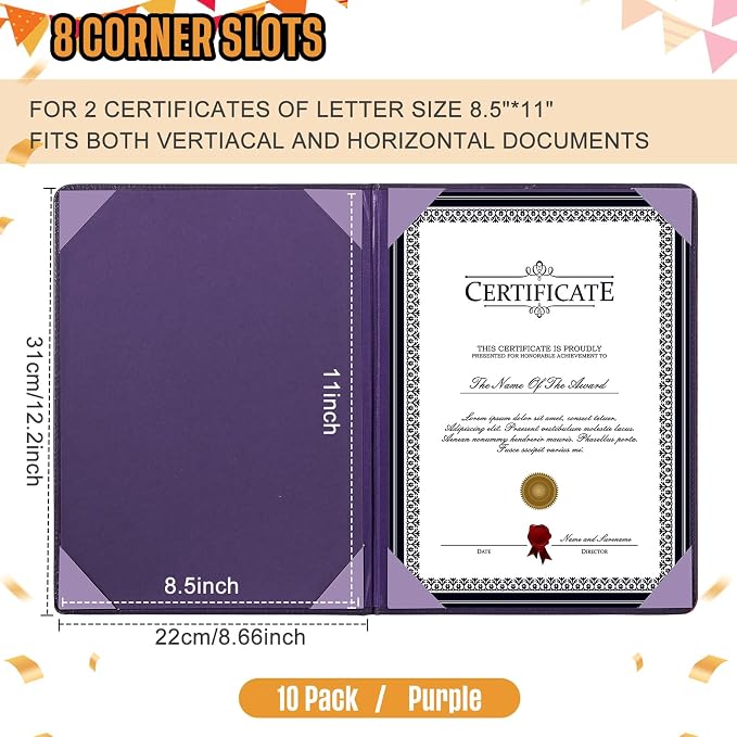 Tenare 10 Pcs Purple Leather Certificate Holder 8.5 x 11 PU Phd Bachelor Master - Image 2