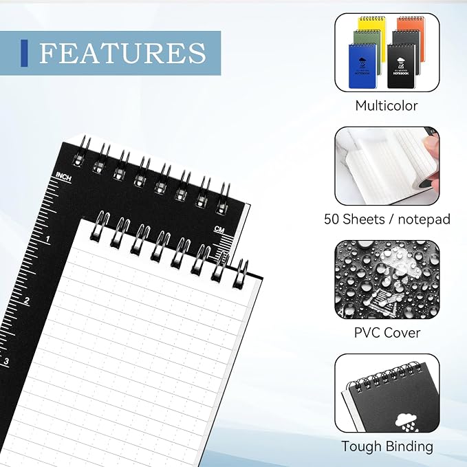 COIDEA 6 Pack Waterproof Notebook, 3 x 5 Pocket Notepad, Top-Spiral - Image 3