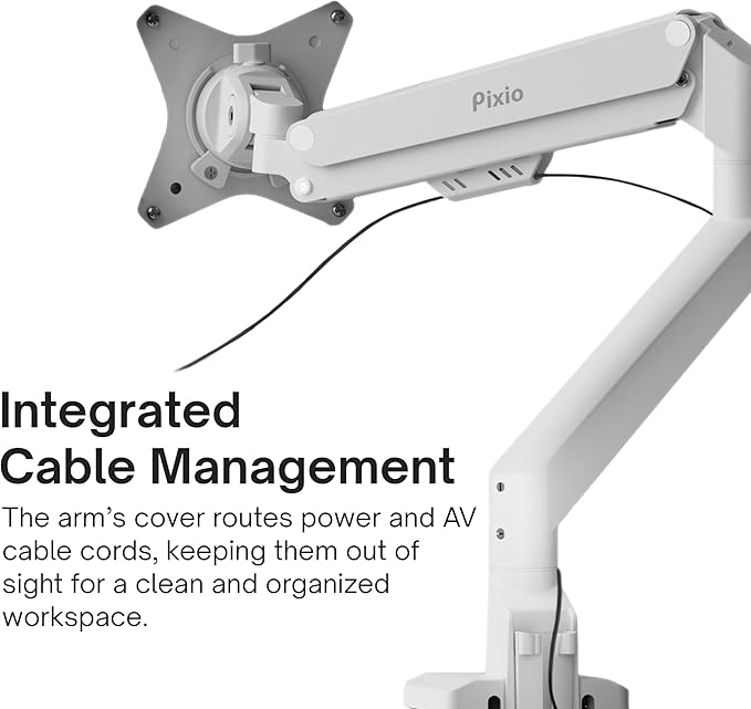 Pixio PS1S Wave White Single Monitor Arm Stand Desk Mount - Fits up to 32 inches Monitors and up to 19.8lbs. VESA Compatibility and Integrated Cable Management-DeskLoop Office