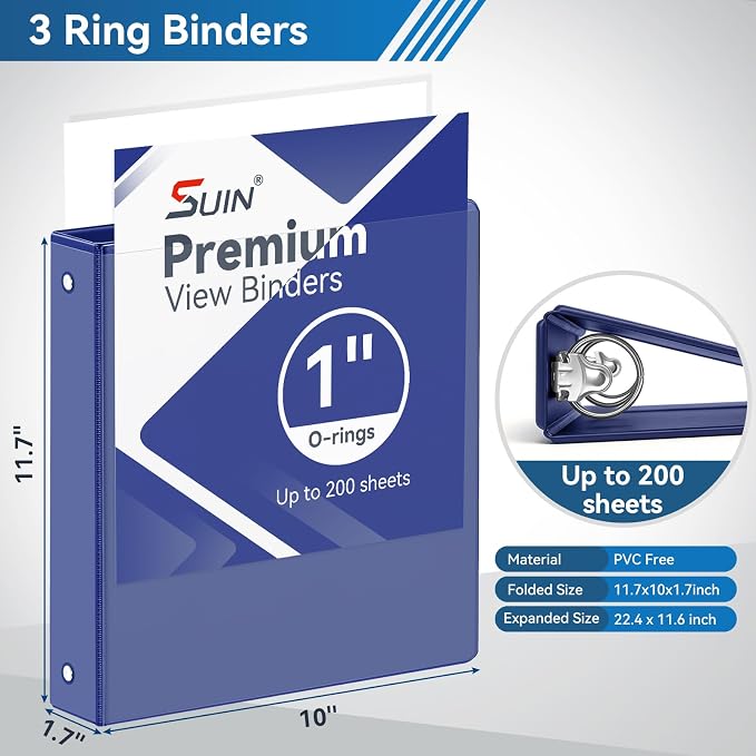 SUIN 1-inch 3 Ring Binder with 2 Interior Pockets, and School Use, 6 Pack - Image 2
