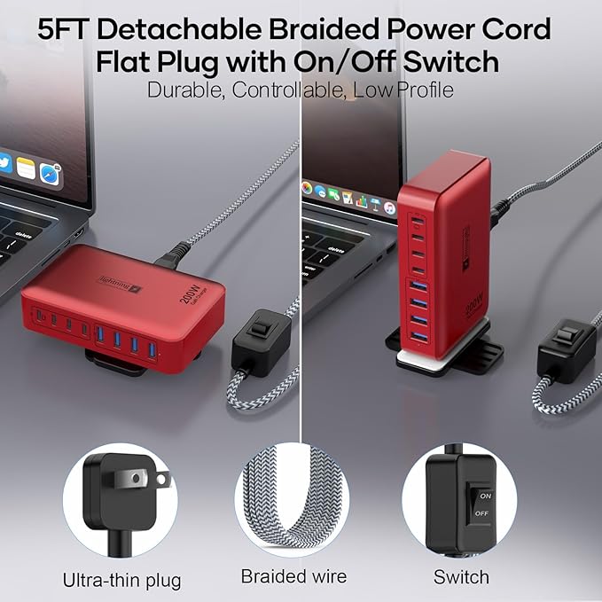 8-Port USB Charger Block 200W with Flat Plug, Braided Power Cord, and On/Off Switch- USB Charging Hub for iPhone, iPad, MacBook and More- 65W C Port Power Adapter for Laptops-DeskLoop Office