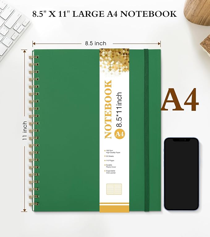Spiral Notebook Journal 8.5” x 11”, A4 Large Notebooks for Women Men, College Ruled Lined Journal, 100 GSM Paper, Hardcover Spiral Bound Journals for Work School Writing Note Taking Business, Green-DeskLoop Office
