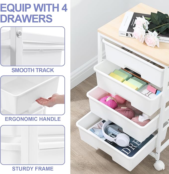 SYKIARIOL Utility Cart with 4 Drawers, 4-Tier Rolling Storage Cart Organizer - Image 4