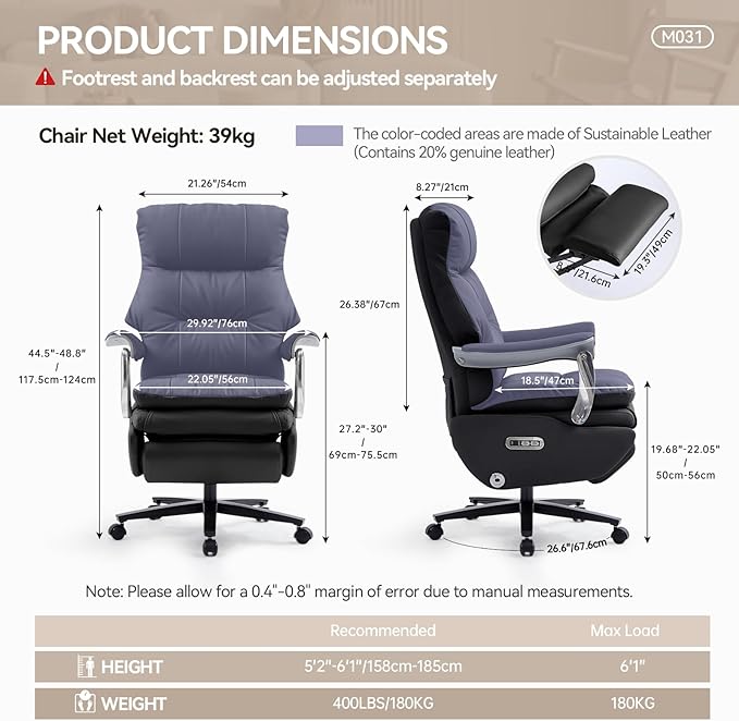 Dual Motor Electric Executive Office Chair with Foot Rest, Comfy Reclining Office Chair with Massage, Big and Tall Heavy Duty Ergonomic Home Office Desk Chairs，Sustainable Leather 400lbs, Black-DeskLoop Office