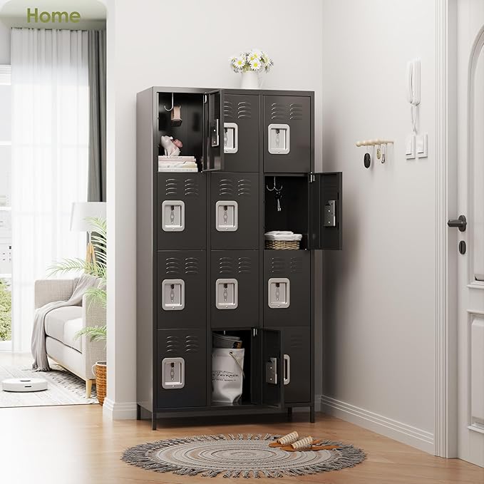 Metal Lockers for Employees with 12 Door and 12 Hooks,Metal Storage Locker with Lock for School Office Gym Bedroom,Assembly Required,Dark Grey-DeskLoop Office