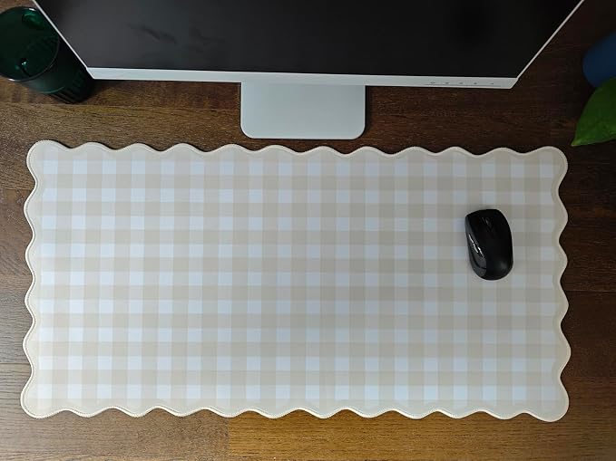 Scalloped‌ Beige Checkered Gingham Desk Mat Cute Pastel Large Mouse Pad Kawaii - Image 8