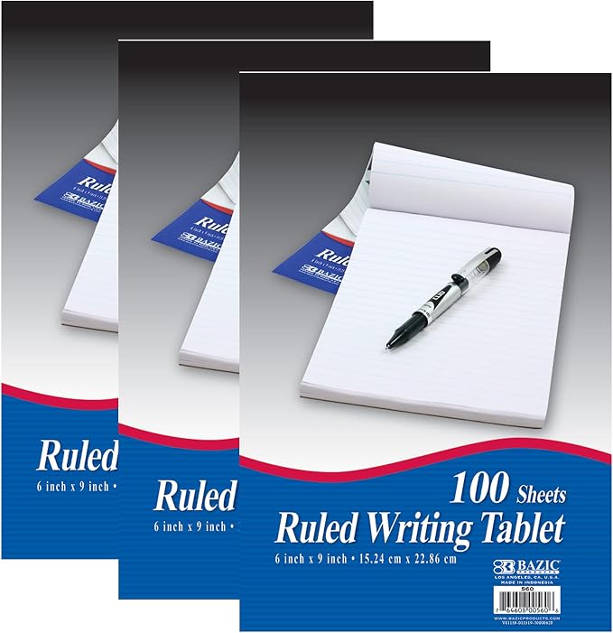 BAZIC Products Writing Pad 100 Sheets 6" X 9", Lined Ruled Memo Writing Notebook by BAZICProducts
