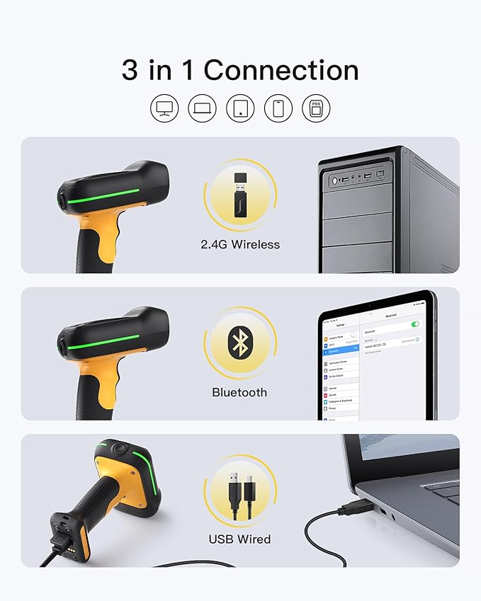 Inateck Industrial Barcode Scanner Wireless, 2D QR Code Scanner with Smart Charging Stand, IP67 Waterproof and Dustproof, Barcode Reader with 2600mAh Battery，Handscanner with App & SDK, BCST-75S-DeskLoop Office