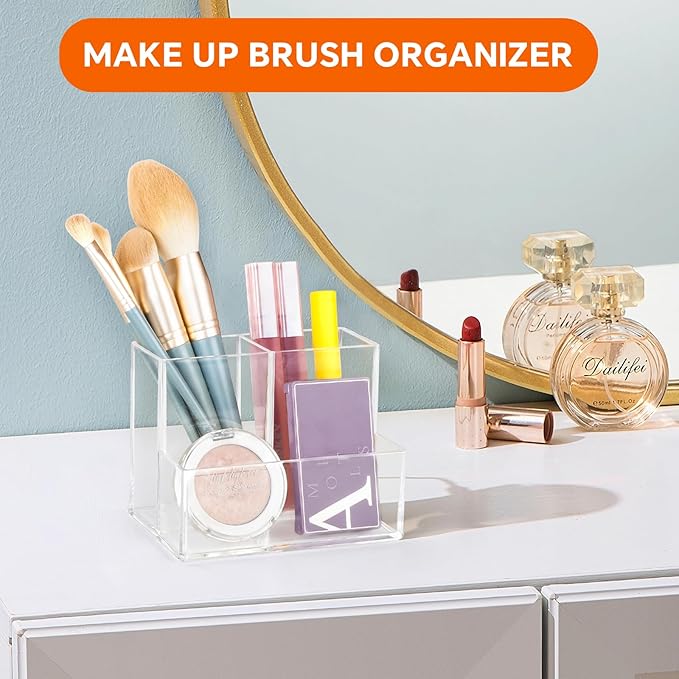 Pen Holder for Desk, Clear Acrylic Pencil Holder for Desk, Marker Holder with 3 Compartments, Pencil Organizer for Home, Office, Classroom, Bathroom-DeskLoop Office