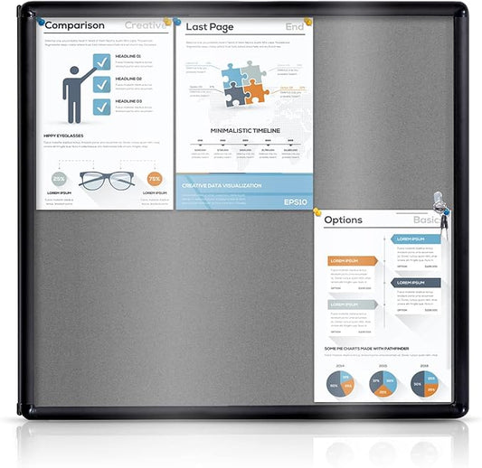 Enclosed Bulletin Board Lockable Display Case Message Board with Locking Door for Indoor, Grey Felt, Black Aluminum Frame, 28 X 26 in-DeskLoop Office