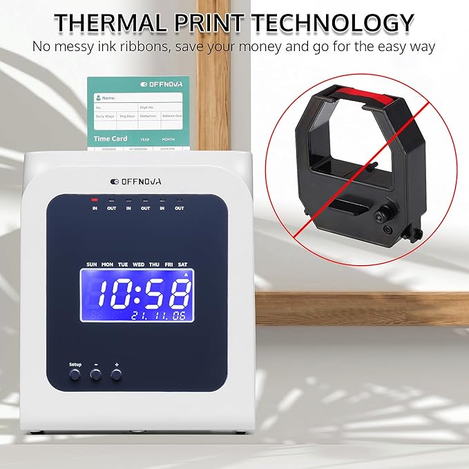 OFFNOVA Thermal Time Clock for Employees Small Business, No Ink Ribbons or Network Needed, in/Out Time Attendance Machine with 50 Time Cards-DeskLoop Office