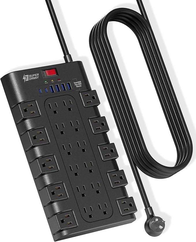 10Ft Power Strip Surge Protector, SUPERDANNY Charging Station 22 Outlets with 45W Type-C Fast Charging USB Ports, 4 USB-A, 2 USB-C, 2100J, 15A/1875W, Flat Plug Extension Cord for Home Office Black-DeskLoop Office