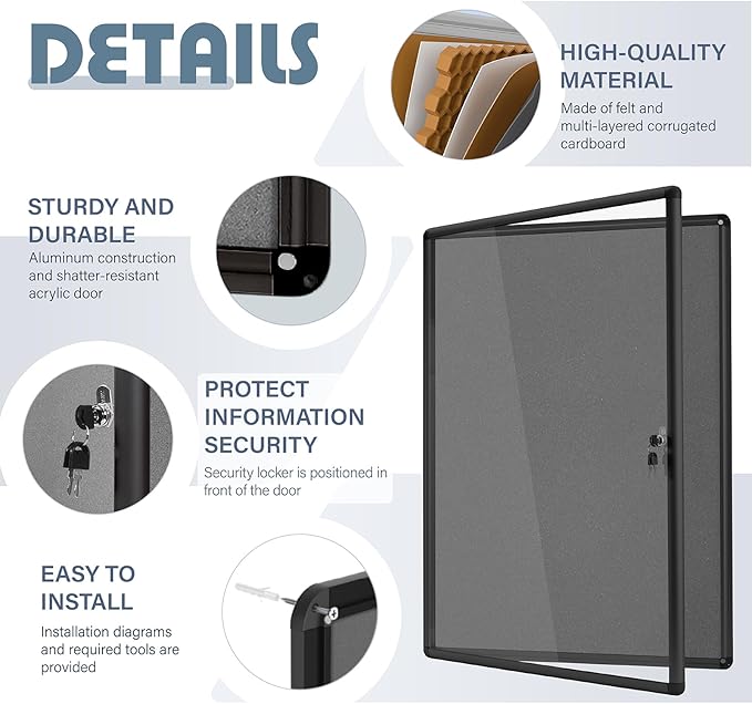 Enclosed Bulletin Board Lockable Display Case Message Board with Locking Door for Indoor, Grey Felt, Black Aluminum Frame, 38 X 28 in-DeskLoop Office