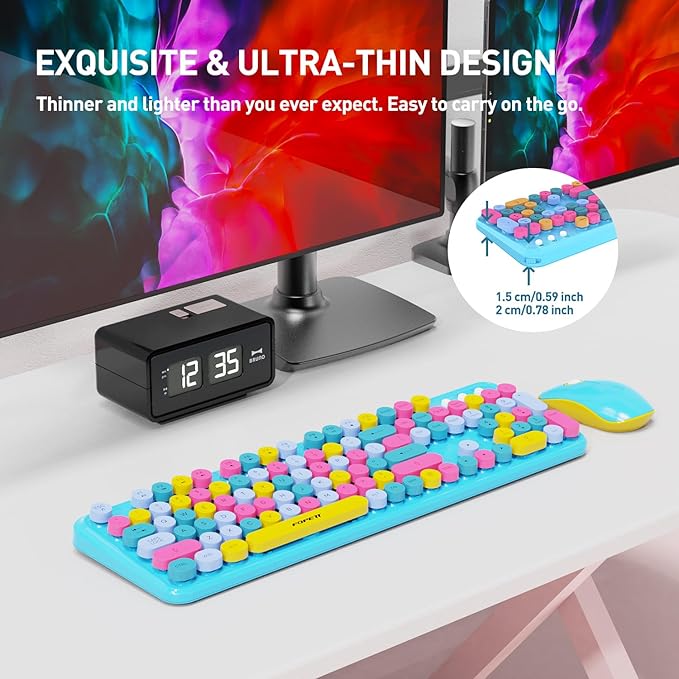 FOPETT 2.4GHz Wireless Keyboard and Mouse Set with Switch Button - Full-Size Keyboard - Compatible for Windows/Laptop/PC/Notebook/Smart TV and More - Blue Colorful-DeskLoop Office