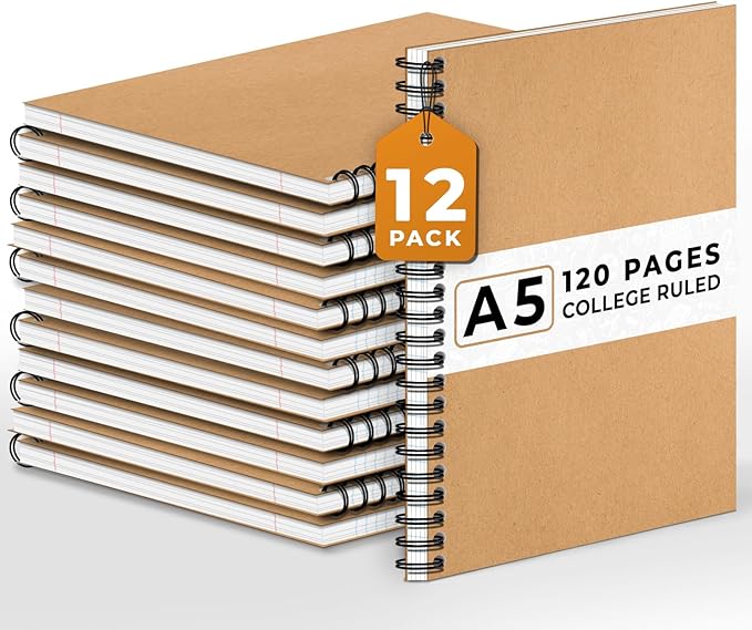 12 Pack Lined Journal Spiral Notebook College Ruled, 5.8 x 8.3, 120 Pages (60 Sheets), 100 GSM Thick Paper Notebooks, Daily Writing Journals for Men and Women, Work, Office & School Supplies-DeskLoop Office