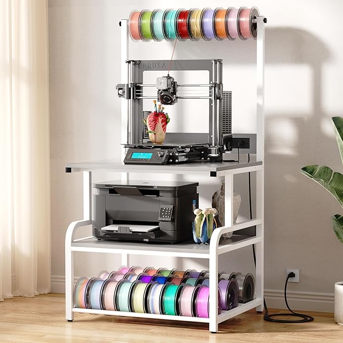 Homieasy Printer Stand with Charging Station, 29.1" x 22.8" Large 3D Printer Table with Filament Storage, Heavy Duty Rolling Printer Cart with 4-Tier Storage for Workshop/Office/Garage, Light Grey-DeskLoop Office