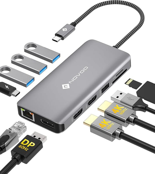USB C Docking Station, NOVOO Triple Display Type C Hub Dual Monitor HDMI 4K@60Hz DP Multiport Adapter 4USB Ethernet SD/TF 100W PD Dongle Data for Dell/Surface/HP/Lenovo Thinkpad Laptop-DeskLoop Office