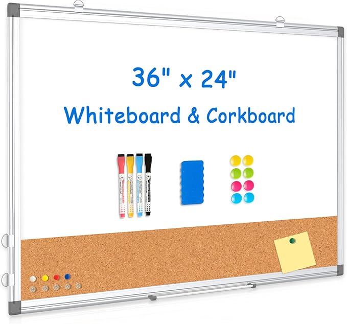 Whiteboard Cork Board Combo for Wall, WALGLASS 36" x 24" Double-Sided Large Dry Erase Whiteboard Corkboard Combination, Hanging Wall Mount Bulletin Board with Aluminum Frame for Office, Home, School-DeskLoop Office