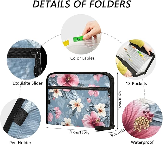 Expanding File Folder Pink Hibiscus Flower Accordion File Organizer 13 Pockets - Image 4