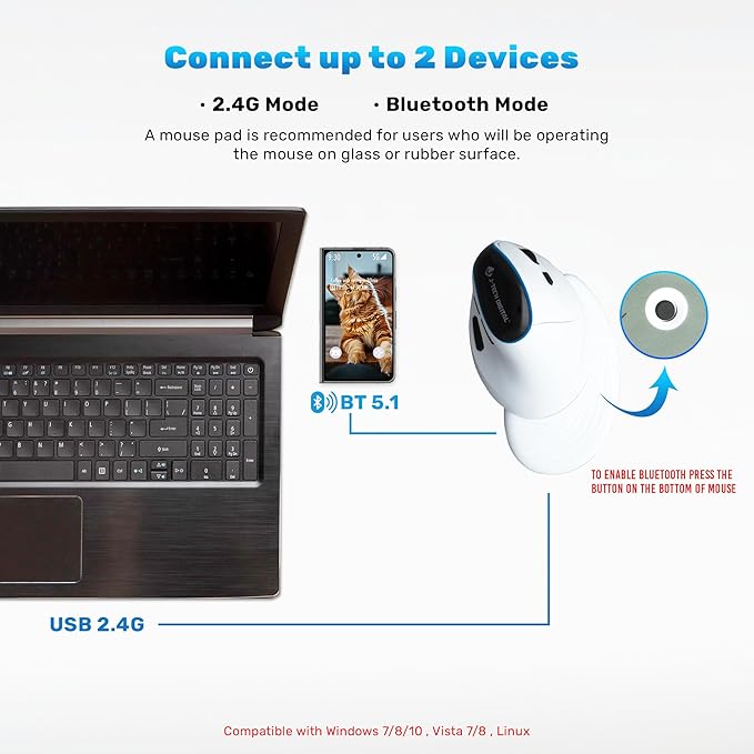 J-Tech Digital Wireless Mouse, Vertical Ergonomic Mouse with Bluetooth Dual Modes + USB Dongle + Rechargeable w/ 2.4GHz Wireless + Adjustable DPI 3200 for Laptop, Desktop, PC, Mac [V638W], White-DeskLoop Office