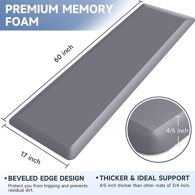 4/5 Inch Thick Kitchen Mat Anti Fatigue Mat Kitchen Rugs Kitchen Decor Non-Slip, Stain Resistant, Waterproof Kitchen Mats Desk Mat for Kitchen, Office, Workshop, Grey, 17'' x 60''-DeskLoop Office