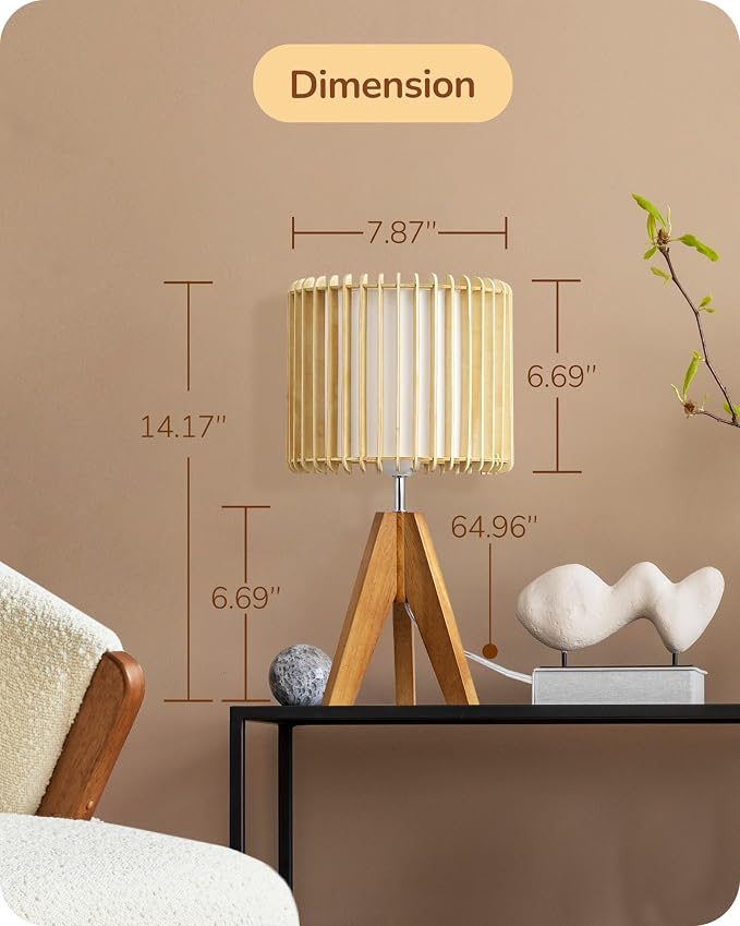 EDISHINE 14.17" Small Table Lamp, Wood Tripod Bedside Lamp, Natural - Image 5