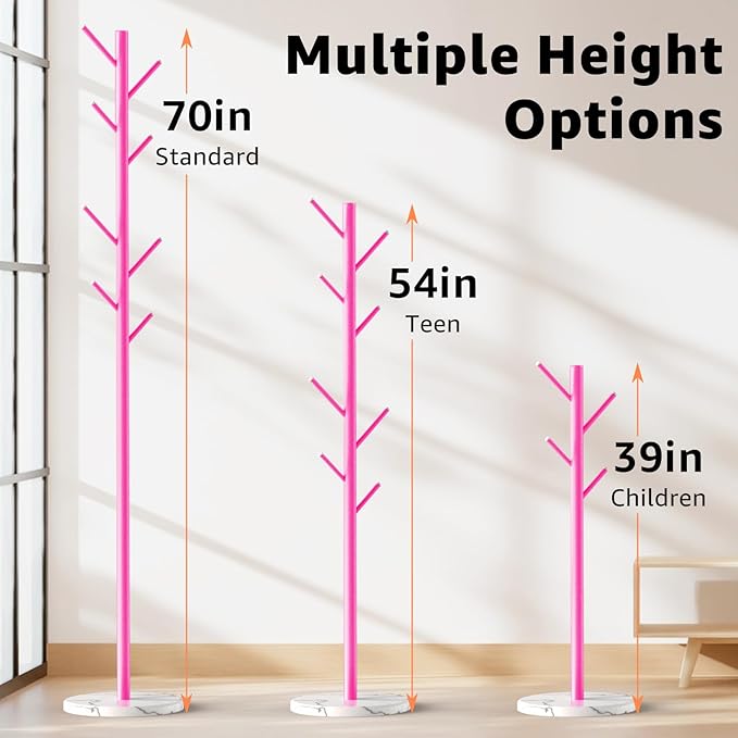 Coat Rack with Natural Marble Base, Metal Freestanding Coat Rack with 8 Hooks, 3 Adjustable Size Sturdy Coat Tree for Bags, Coats, and Hats for Entryway, Hallway, Bedroom, Office, Pink-DeskLoop Office