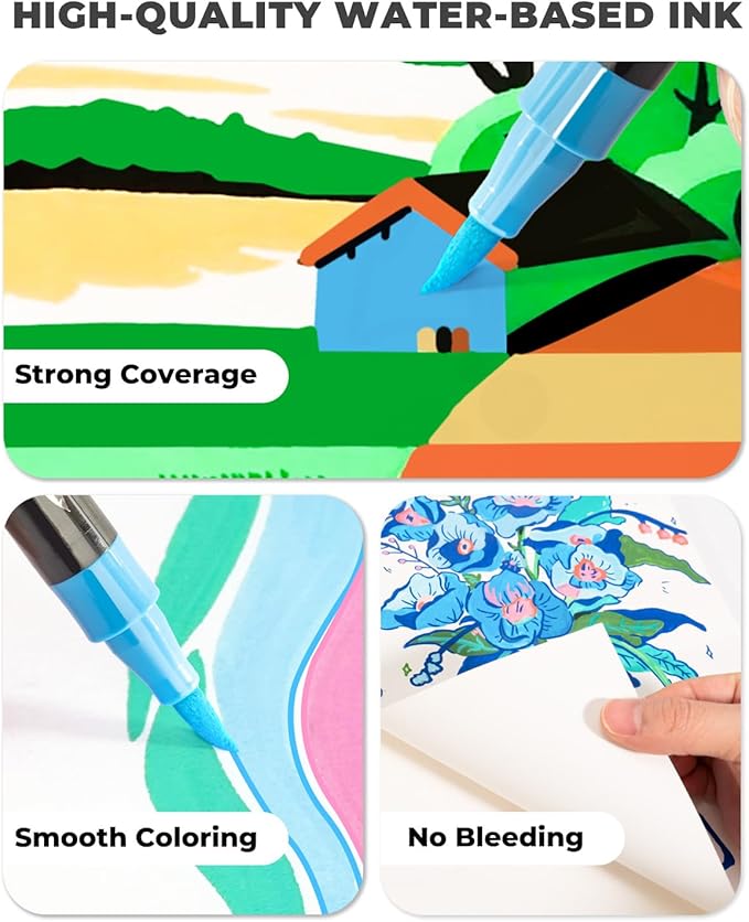 JusArt 48 Colors Acrylic Paint Markers Set With Bag, Dual Tip with Brush Tip and Fine Tip Paint Pens for Rock Painting, Wood, Egg, Canvas, Glass, Stone, Ceramic, DIY Crafts Professional Art Supplies-DeskLoop Office