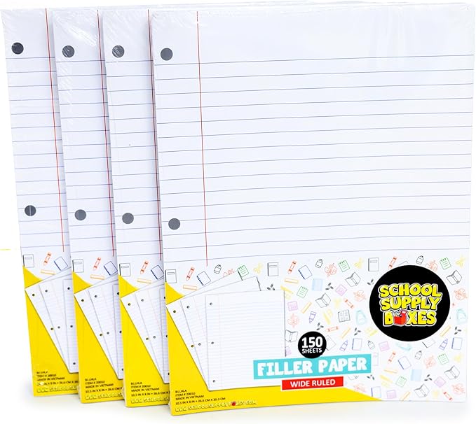 School Supply Boxes | Wide-Ruled Loose Leaf Paper | 4 Pack | 150 Sheets Per Pack, 3-Ring Binder Compatible-DeskLoop Office
