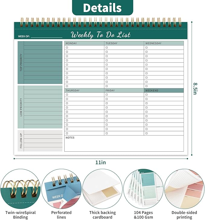 Weekly To Do List Notepad, 52 Undated Sheets （8.5"×11") Duplex-printed Weekly Planner Notepad For Work Home School Office Desk Accessories Supplies & Goal Setting Tasks - Green-DeskLoop Office