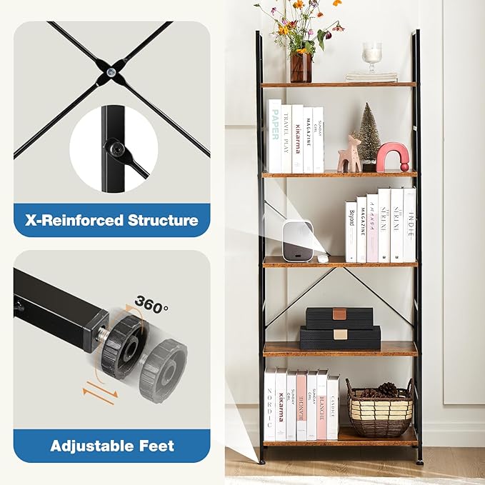 DUMOS 5 Tiers Bookshelf, Classical Modern Book Shelf, Tall Display Shelves in - Image 5